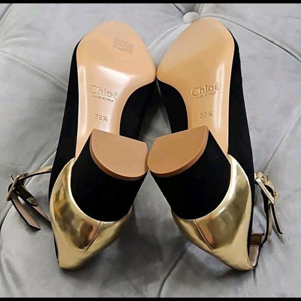 Chloe Black Suede Gold Leather Ankle Strap Slingback Heels Womens Shoes 39.5 9.5